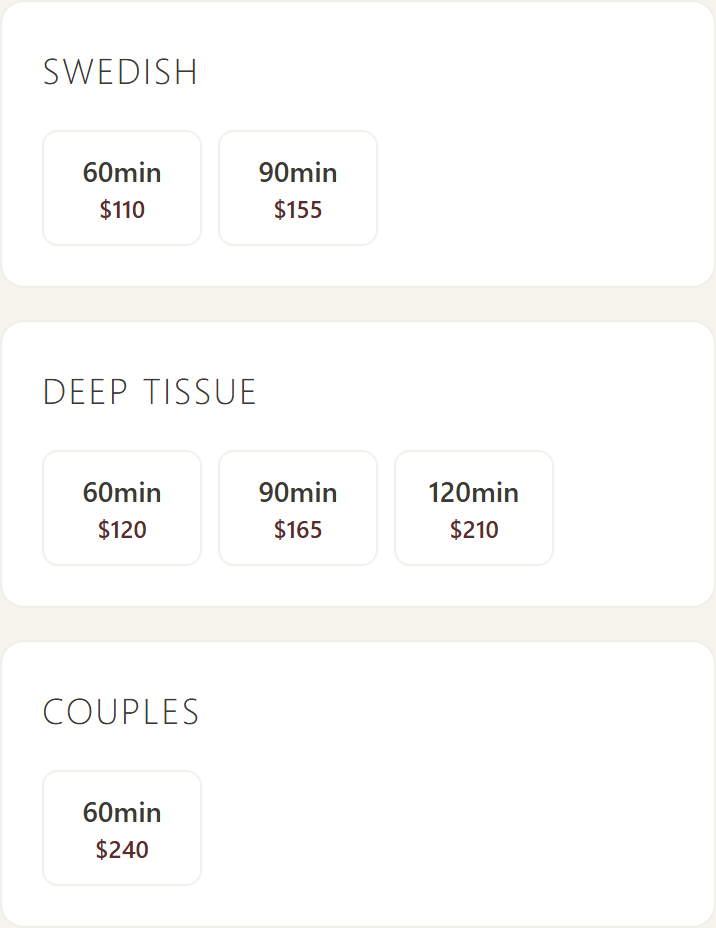 Anataxis booking page on a phone: Swedish 60 min $110, 90 min $155; Deep Tissue 60 min $120, 90 min $165, 120 min $210; Couples 60 min $240.